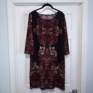 Tiana B. Designer Sweater Dress Boho Paisley Black & Burgundy 3/4 Sleeve Sz 14
